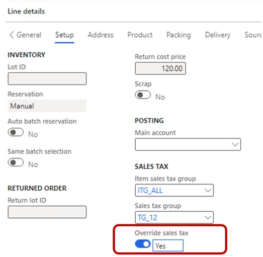 Capture d’écran de l’option Remplacer la taxe de vente définie sur Oui sur la page de détails de la ligne d’une ligne de document.